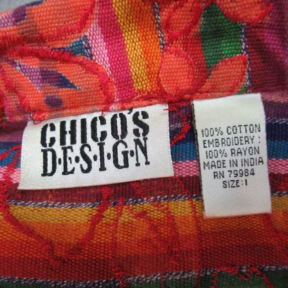 Chicos Jacket Womens Size 1 Orange Floral Woven Boho Button Blazer Beachy Retro - Picture 2 of 7